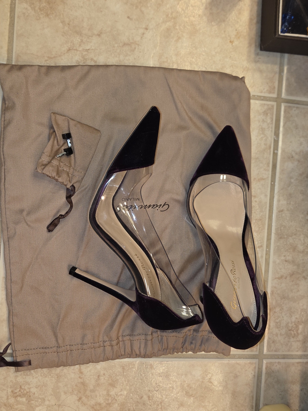 Gianvito Rossi Plum/Burgundy Velvet & Clear Plexi Pump